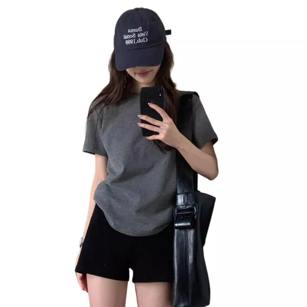 Basic Shoulder Pure Cotton T-shirt Women's Summer Casual Versatile Korean Version Gray Short-sleeved Ins Trendy Thin Loose Top