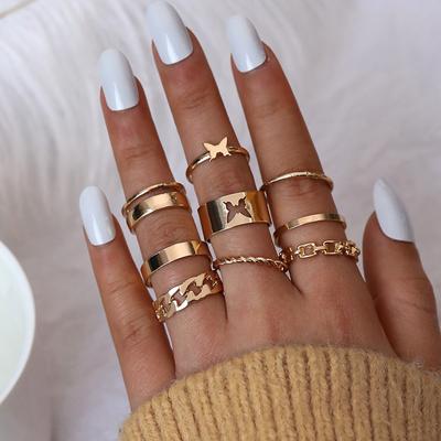 Fashion Hollow Butterfly Joint Ring Chain Open Double Layer 9-Piece Set Ring Women