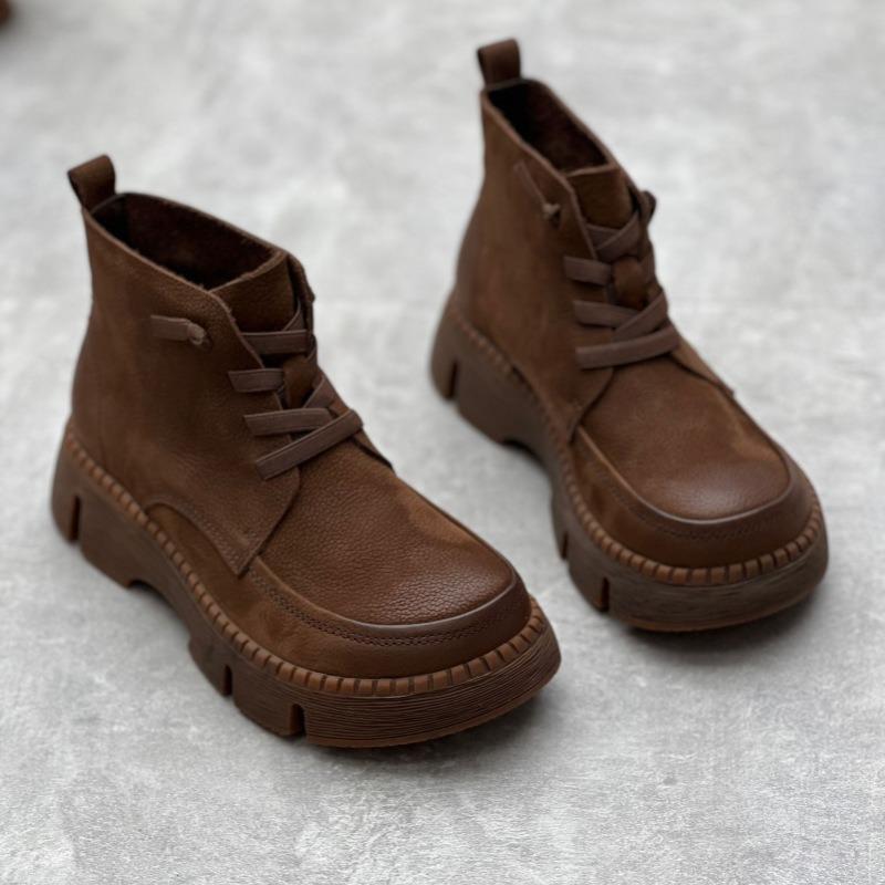 Casual Sneakers Women Genuine Leather Round Toe Lace-up High Top Ladies Retro Fashion Flat Shoes Handmade Women's Ankle Boots