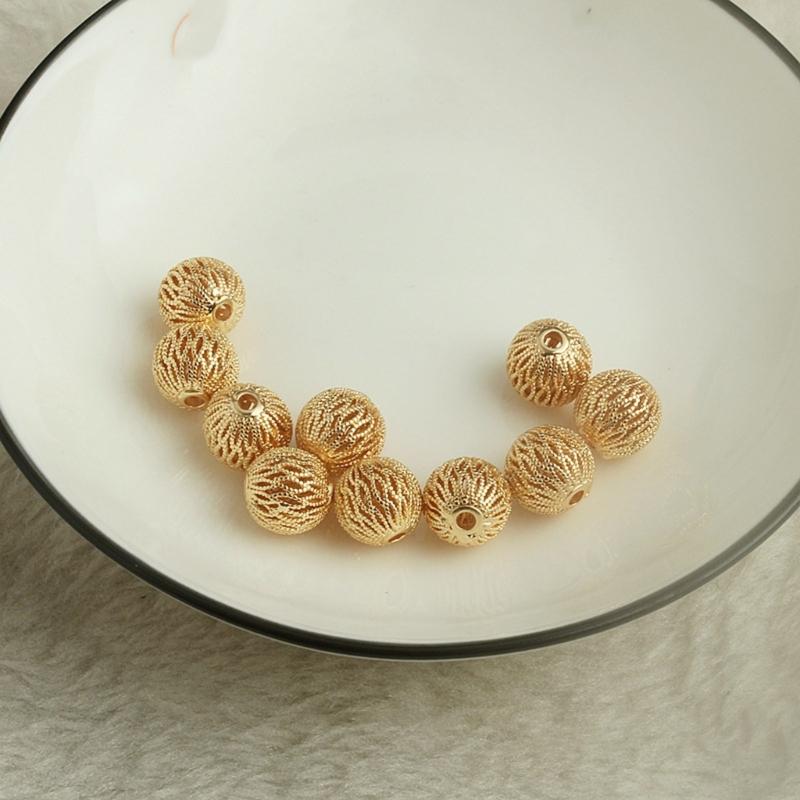 Pack of 10 Exquisite Hollow Designs Sturdy Brass Round Loose Beads with Long Time Use 18K Gold Plating Supplies