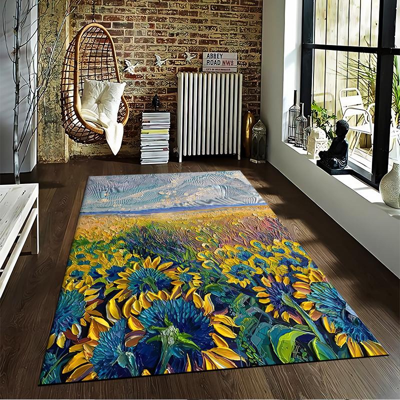 "Van Gogh Style Sunflowers Field Carpet, Artistic Home Decor Rug" Suitable for Use As an Anti-slip for Living Room Bedroom Sofas
