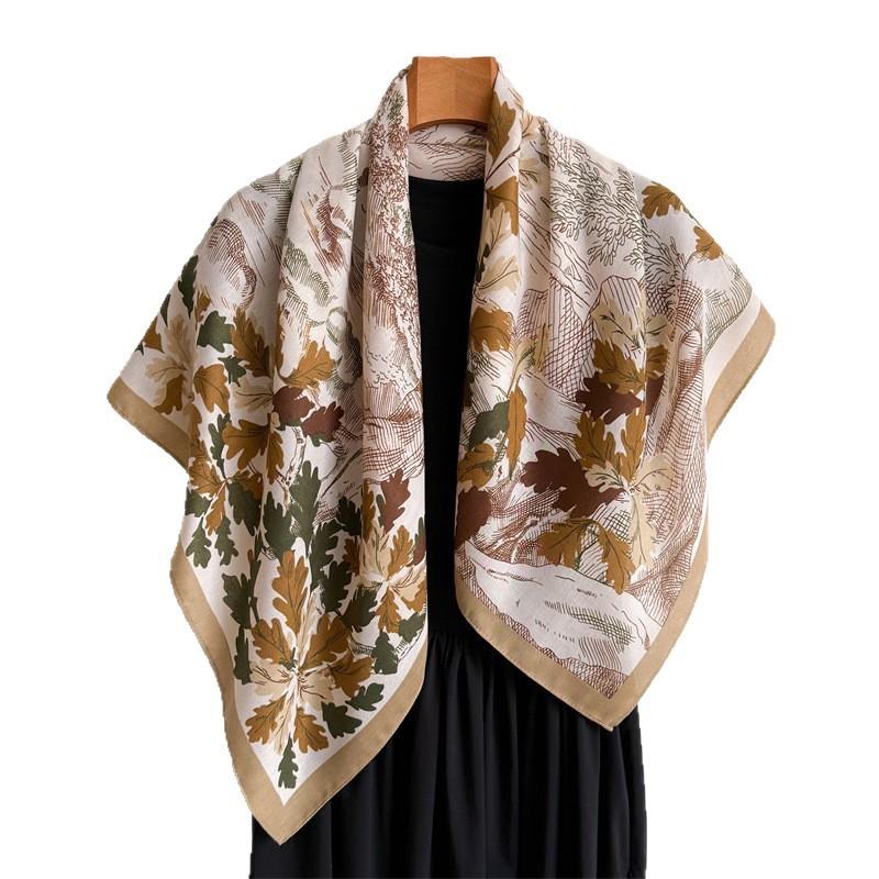 Korean Version of Landscape Square Scarf Cotton and Linen Feeling Simulation Silk Versatile Herringbone Pattern Velvet Shawl Scarf Printed Headscarf S