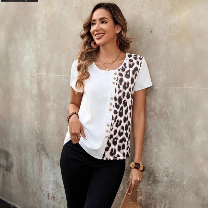 Leopard Print Round Neck Top: Elegant Short Sleeve T-shirt for Women, Casual Spring and Autumn Style 2025