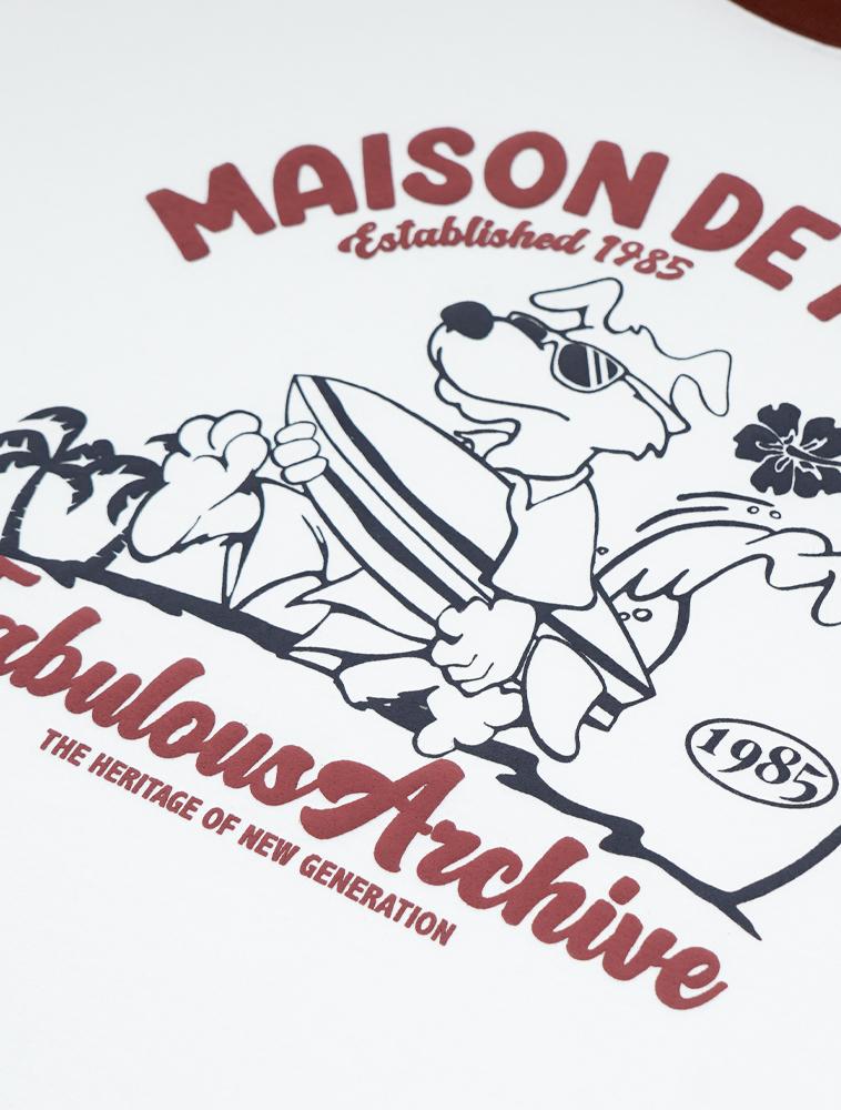 LA MAISON STUDIO Unisex Oversized Puppy Surfing Ringer Short Sleeve T-Shirt White Dark Red (Fce2Ts401M)