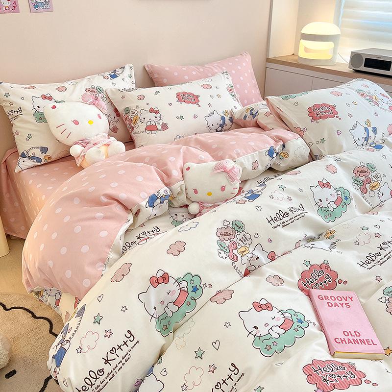 Hello Kitty All-Cotton Cute Cartoon Girl Fitted Sheet & Duvet Set - 4-Pc Dorm Style