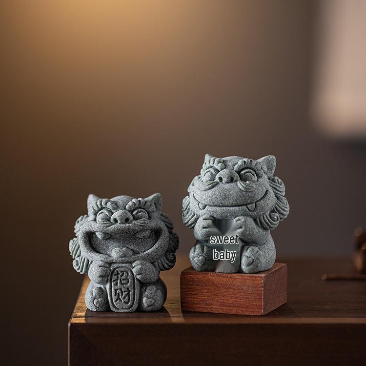 Small Fengshiye Chinese Stone Lion Pair: Desktop Mascot and Creative Tea Pet Ornament for Bonsai and Fish Tank Décor