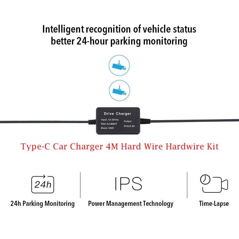 Type-C Buck Line 5V 3A DVR Hardwire Kit Car Dash Camera Charger 24H Parking Monitoring