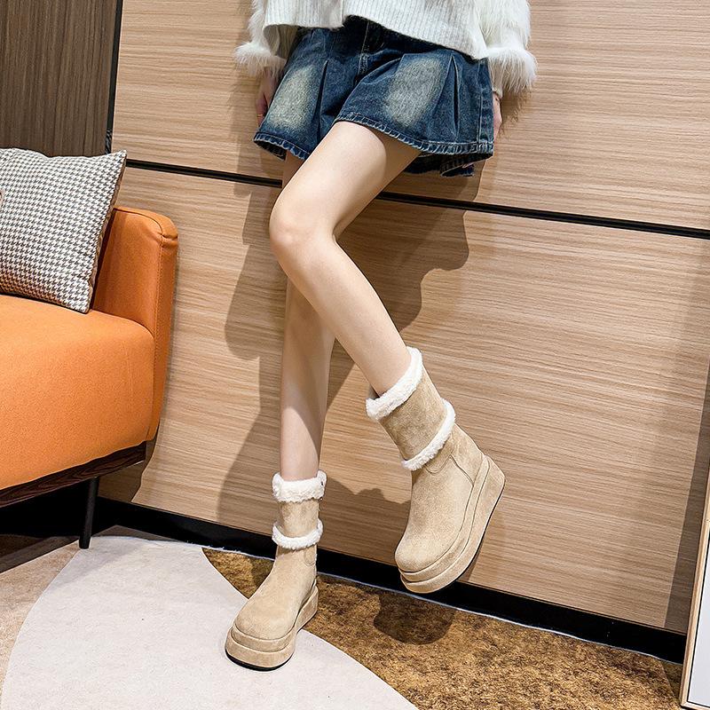 Fluffy snow boots women's winter high heel new thick-soled plush Maillard warm short boots side zipper