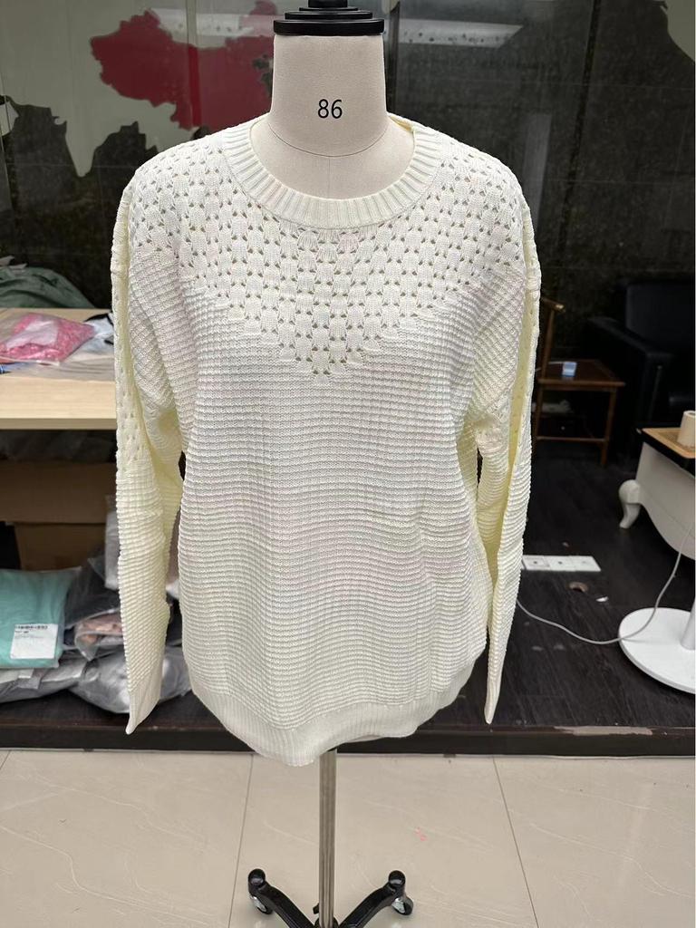 Auf Lager: Europäisch-amerikanischer Stil Einfarbig Jacquard Lochmuster Gespleißt Rundhals Elegant Damen Wollpullover 2022