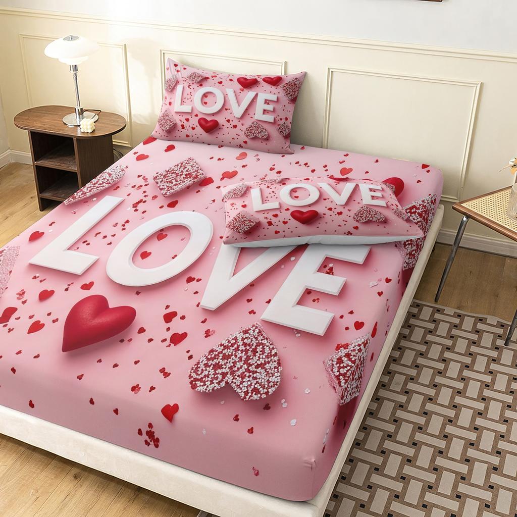 3pcs Valentine's Love Rose Day Applicable Love Letter Pattern Fitted Sheet Set, Bedding Set, Soft and Comfortable Fitted Sheet
