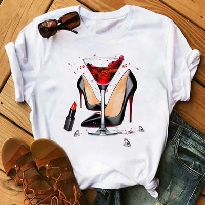 Funny Wine Glass Print T-Shirt Women's Round Neck Short Sleeve T-Shirt Casual Women's Camisole Fashion
