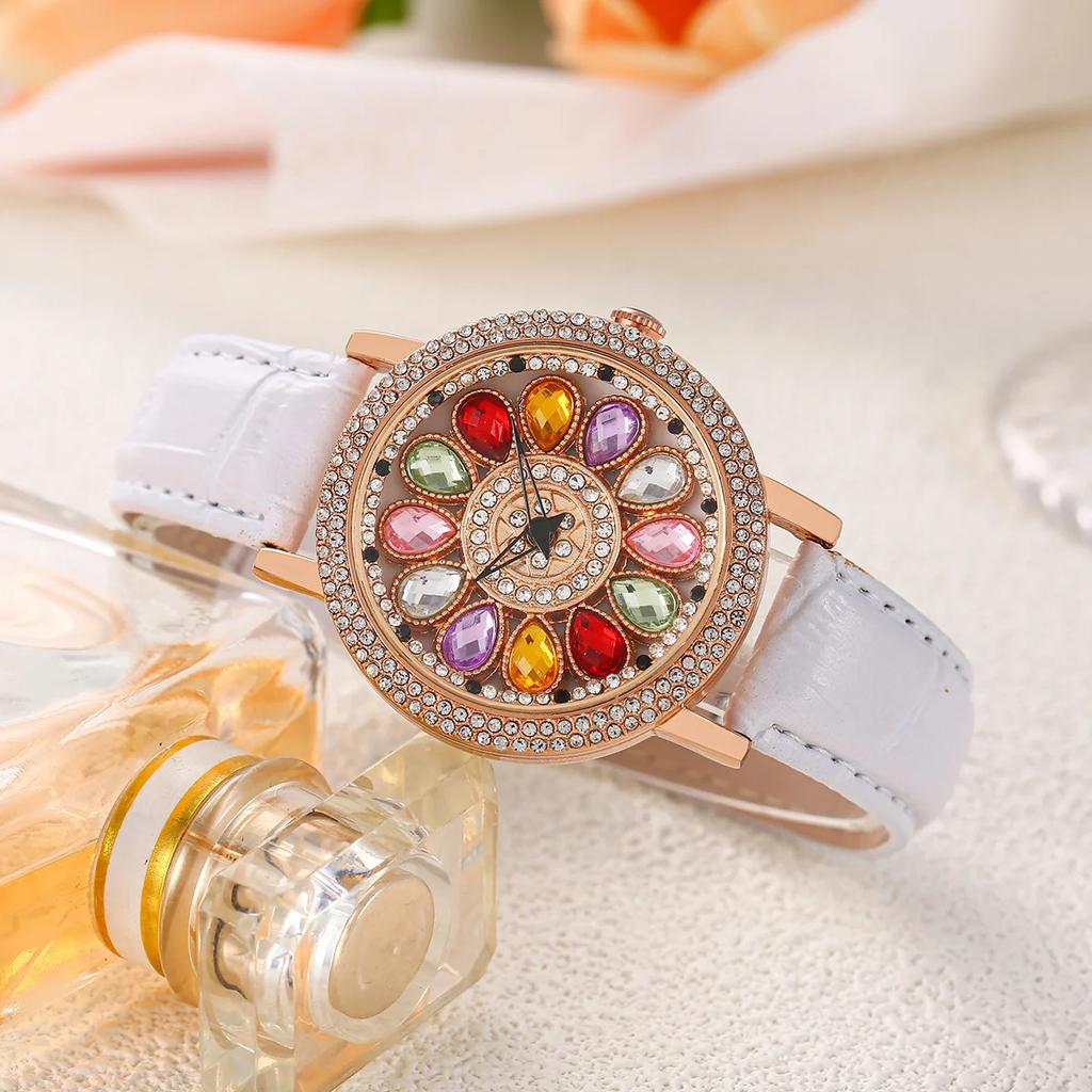 1pc Dazzling and Fashionable Women Quartz Watches with Colorful Rhinestone Inlay, Featuring An Alluring Rotatable Dial, Durable