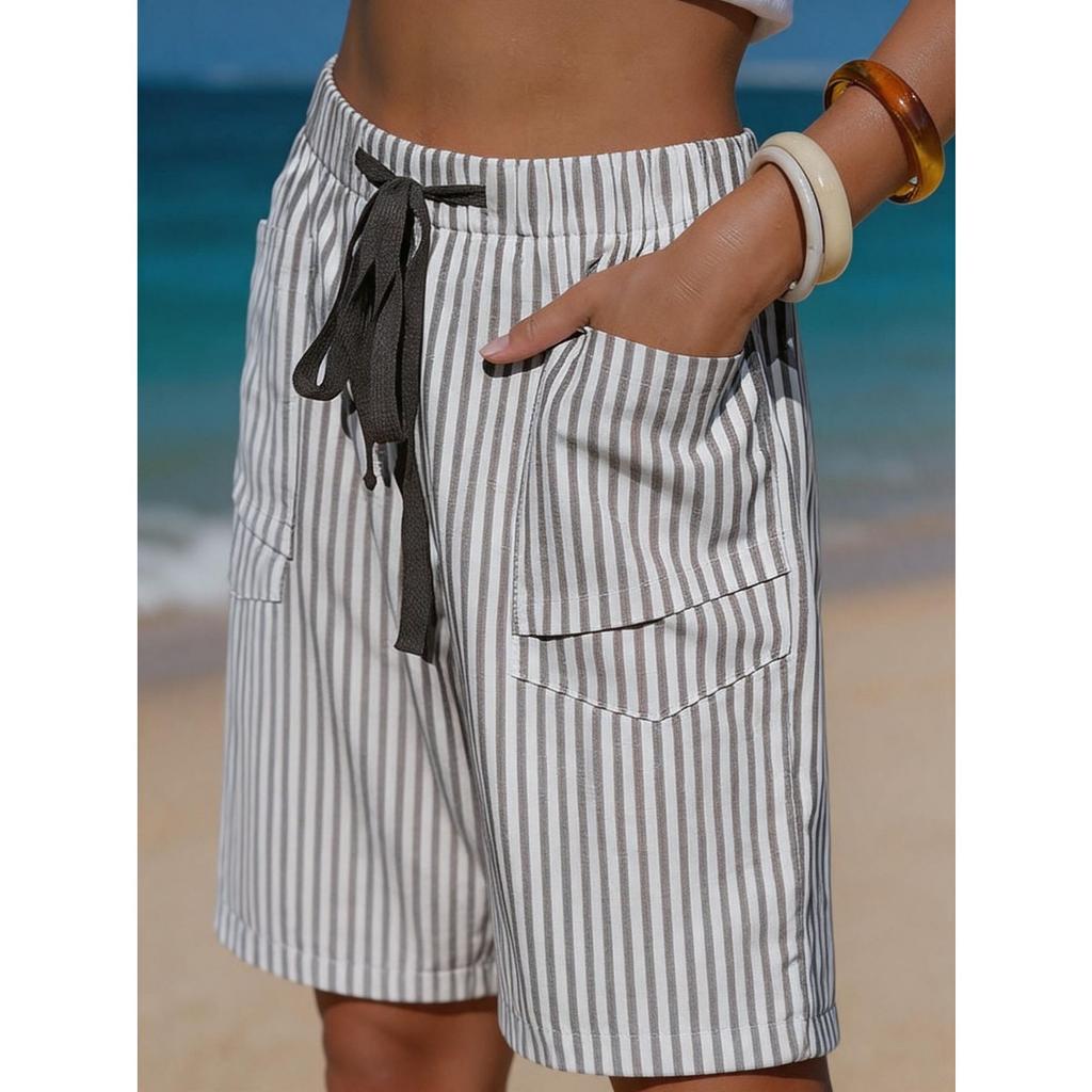 Damen Shorts aus Imitation Leinen mit Streifen, Lässige Sommer-Strandshorts mit Gürtel und Taschen