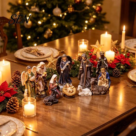 Statue del Presepe 11 Pezzi Set Natalizio, Mini Decorazione da Tavolo in Resina, Statua Sacra Famiglia Angeli Pastori Animali Statuette, Religioso Interno Casa