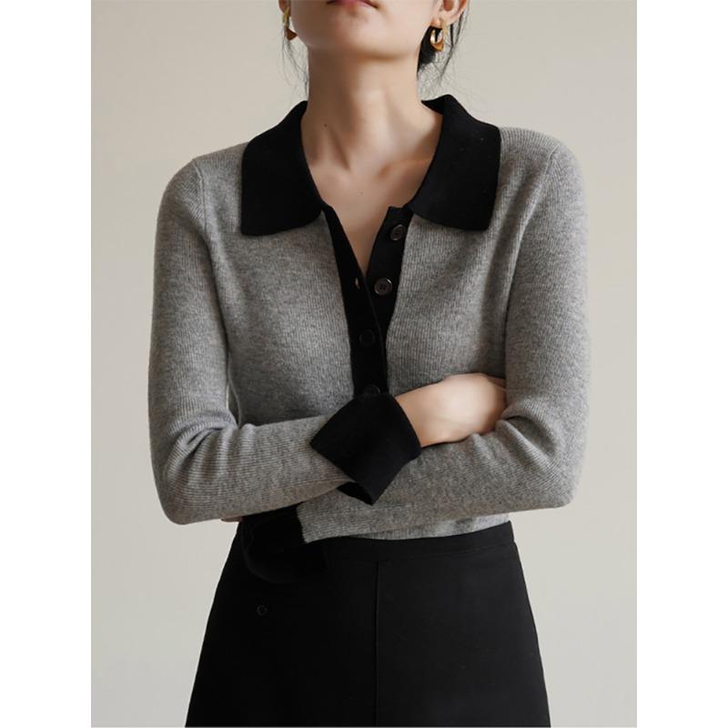 

Женский осенне-зимний свитер с лацканами поло, базовая рубашка, трикотажный свитер облегающего кроя, контрастного цвета, для ношения под низ average size