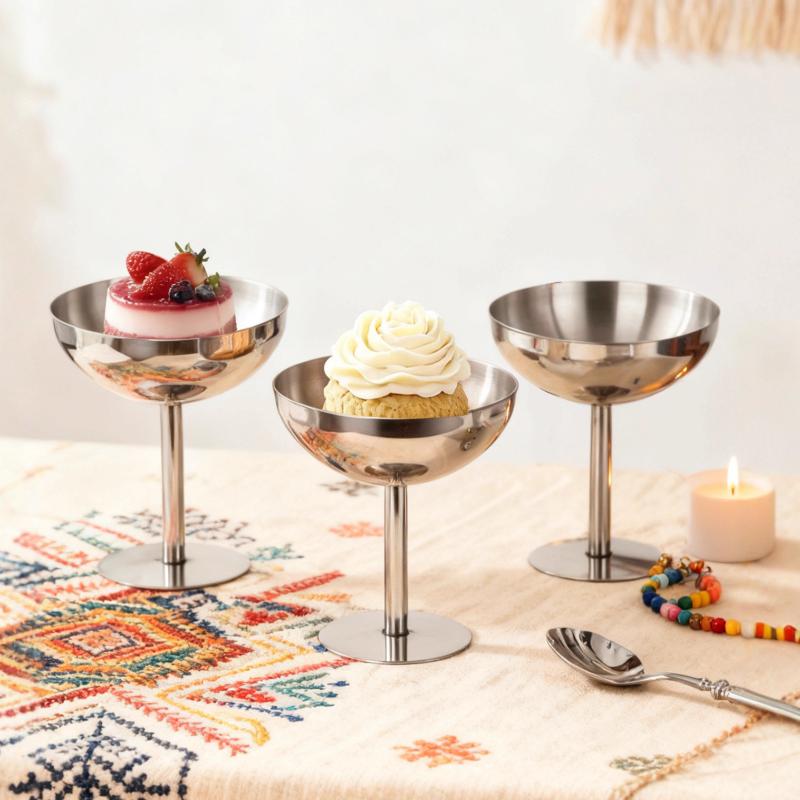 Ice Cream Footed Bowls Stainless Steel Reusable Dessert Cups Set For Sundae Fruit Snack Party Dessert Bowl Round Yogurt Cup
