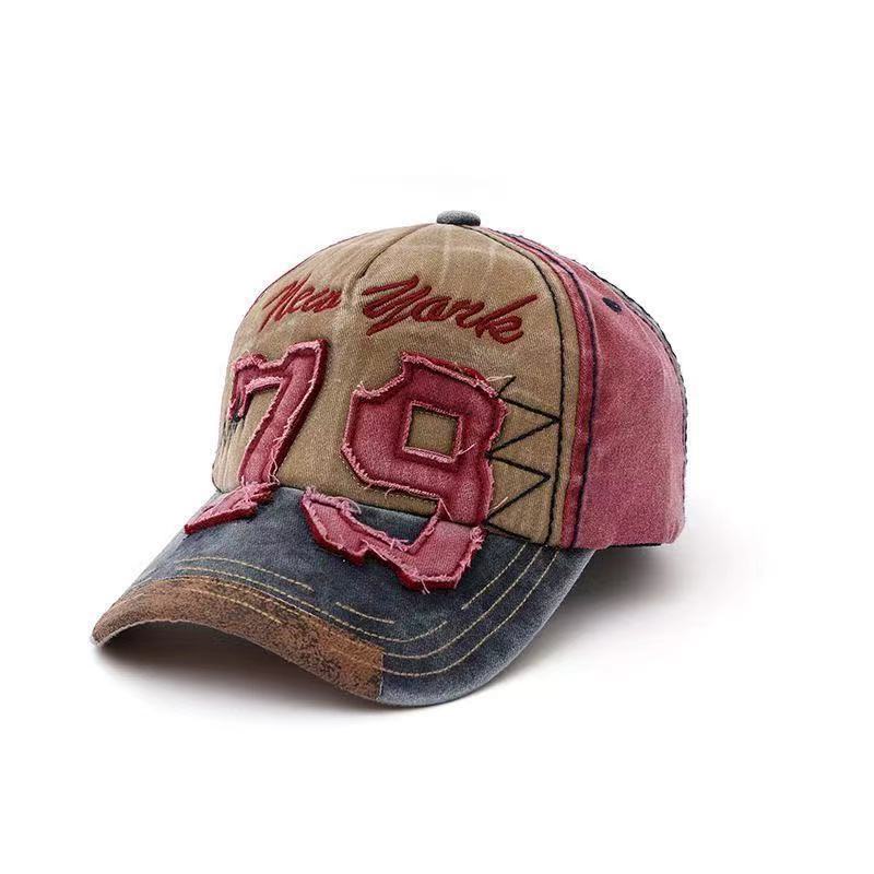 Duck tongue cap washed and worn, number 79 embroidered color blocked sun protection baseball cap, outdoor leisure