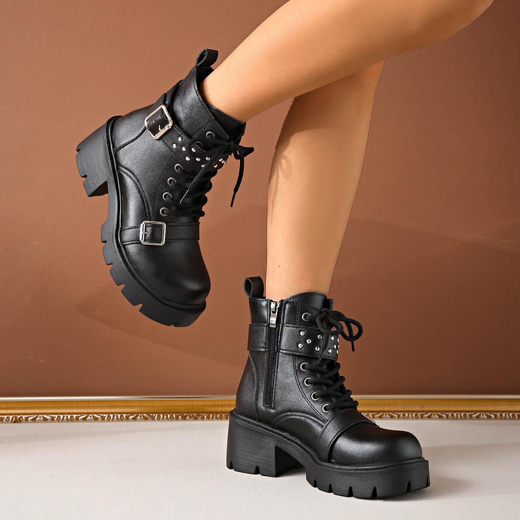Large Size Locomotive Boots Women's Autumn and Winter New Lace-up Fashion Medium Tube Martin Boots Snow Boots Women