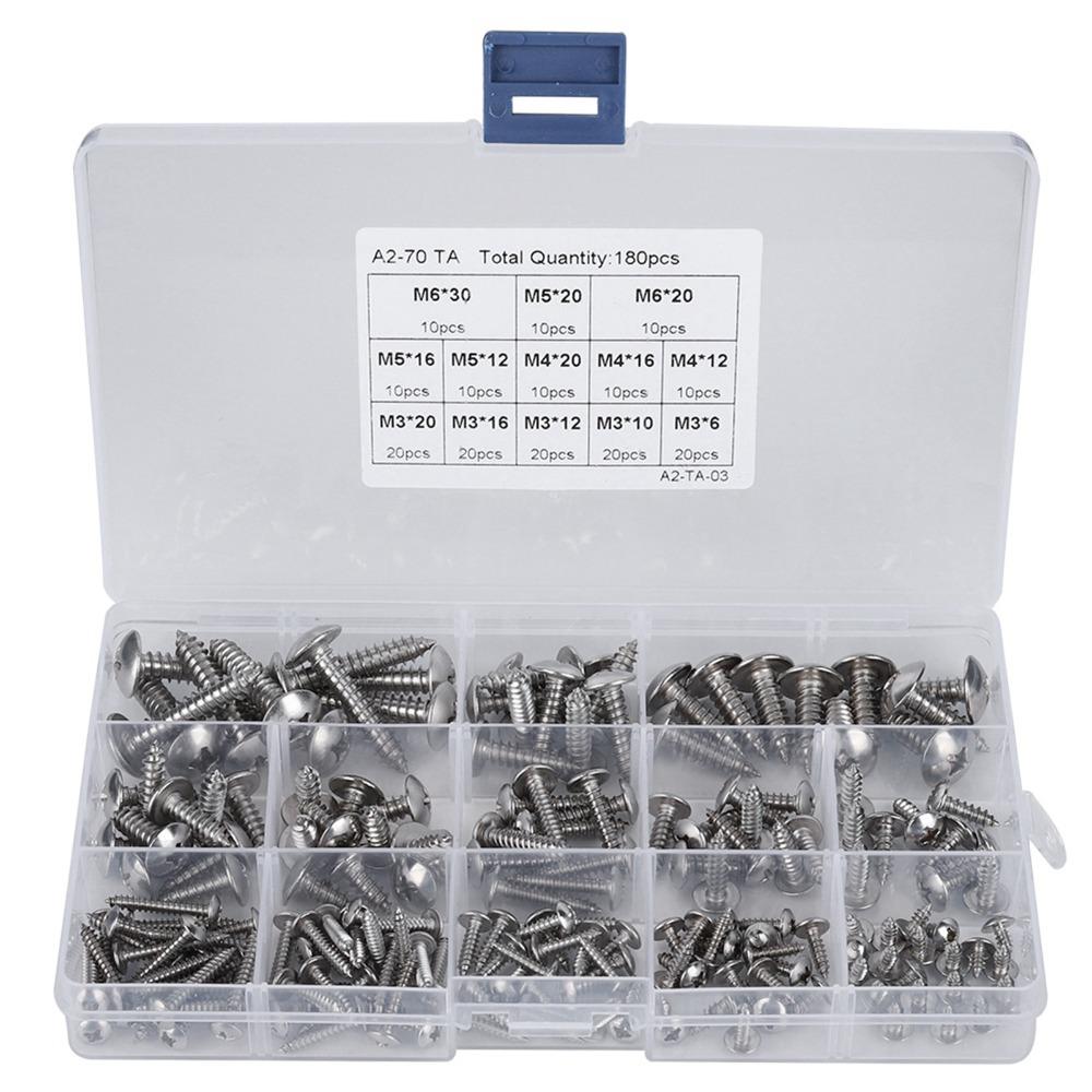 180 Pcs 304 Stainless Steel Self Tapping Screws M3 M4 M5 M6 Truss Head Sheet Metal Screws Flat Head Coarse Threaded Wood Screws