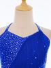 Mädchen Latin Dance Kostüm Ärmellos Neckholder V-Ausschnitt Rückenfrei Glänzend Strasssteine Quasten Leotard