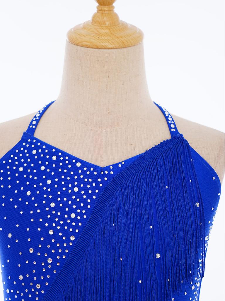 Mädchen Latin Dance Kostüm Ärmellos Neckholder V-Ausschnitt Rückenfrei Glänzend Strasssteine Quasten Leotard