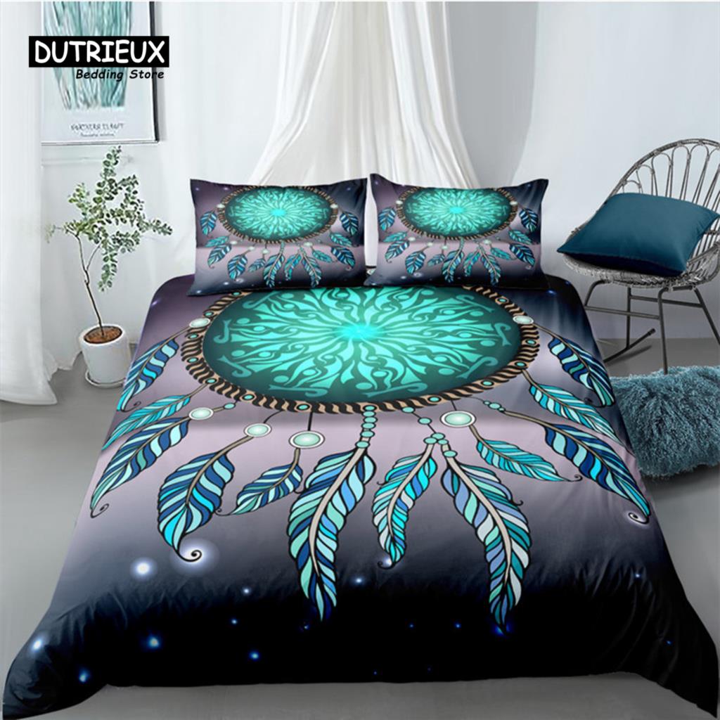 Housse de Couette Bohème Attrape-Rêves Imprimé Géométrique Plumes Ensemble de Literie Taille King Queen Décor de Chambre Housse de Couette en Microfibre