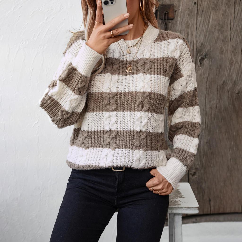 Herbst Winter Vintage Lose Langarm Top Streifen Strickjacke Strickwaren Oansatz Pullover