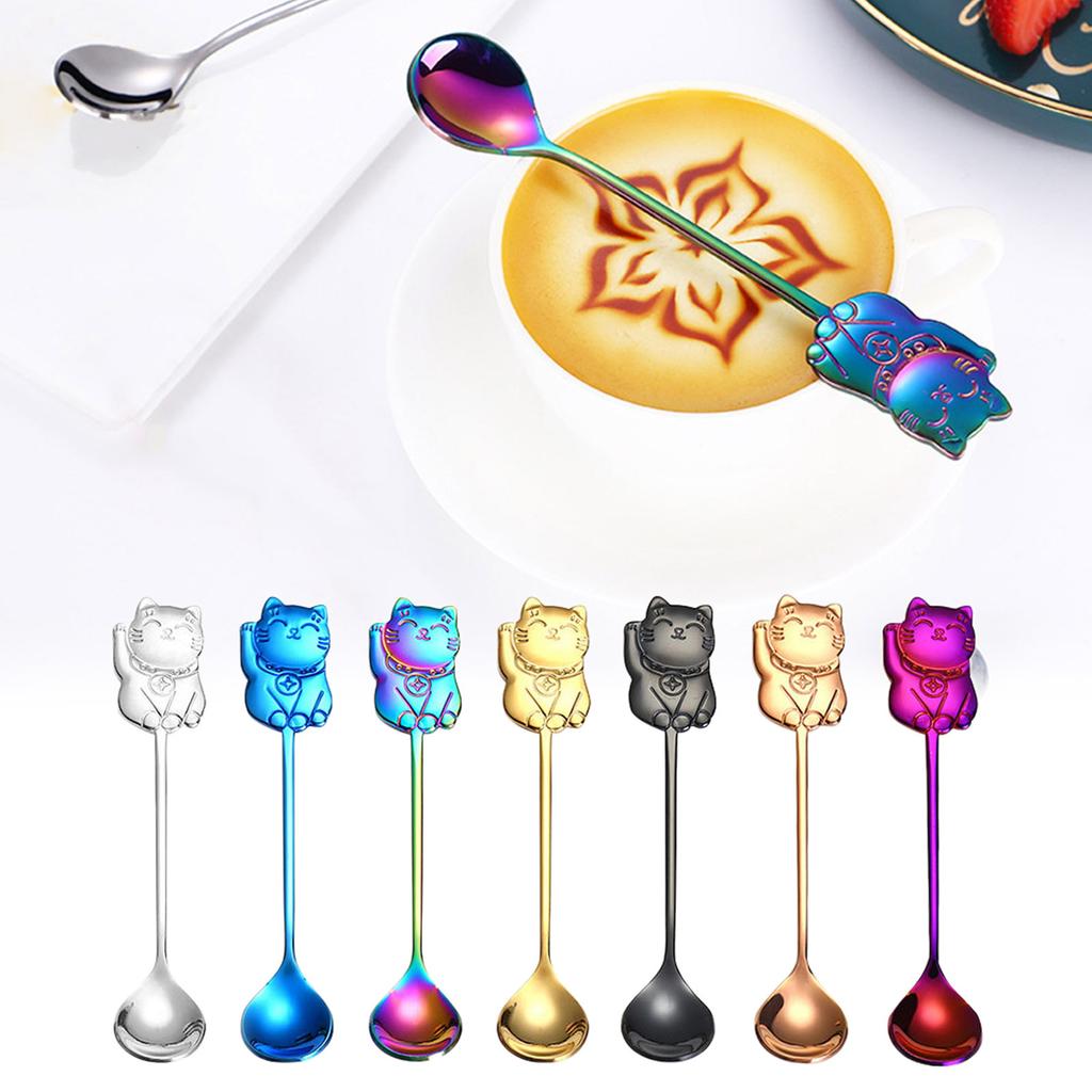 Cute Cats Shape Stirring Spoon Small Mixing Teaspoon Dessert Spoon Stainless Steel Tableware Easy To Clean