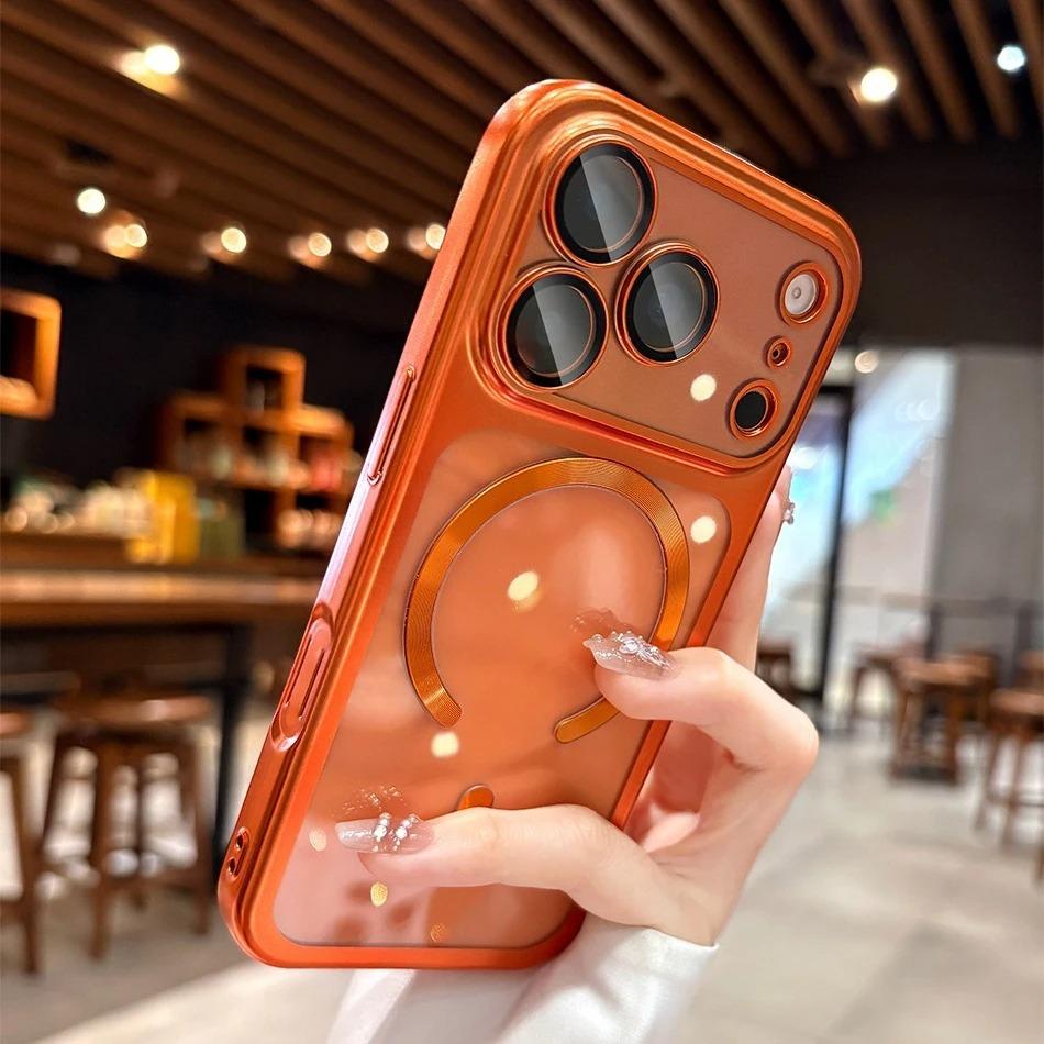 Magnetic Plating Transparent Phone Case For iPhone 17 16 15 14 13 Pro Max 15Pro 17Pro For Magsafe Lens Protector Clear Cover