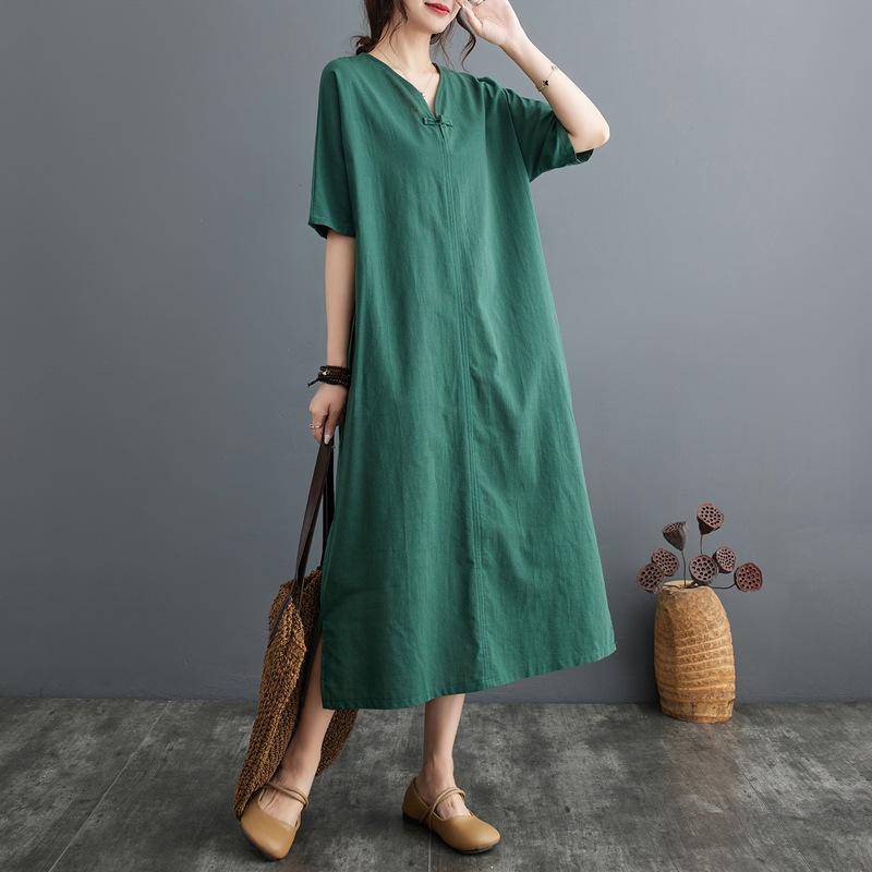 Summer New Cotton and Linen Artistic Retro Pullover Buckle Dress A-line Long Skirt