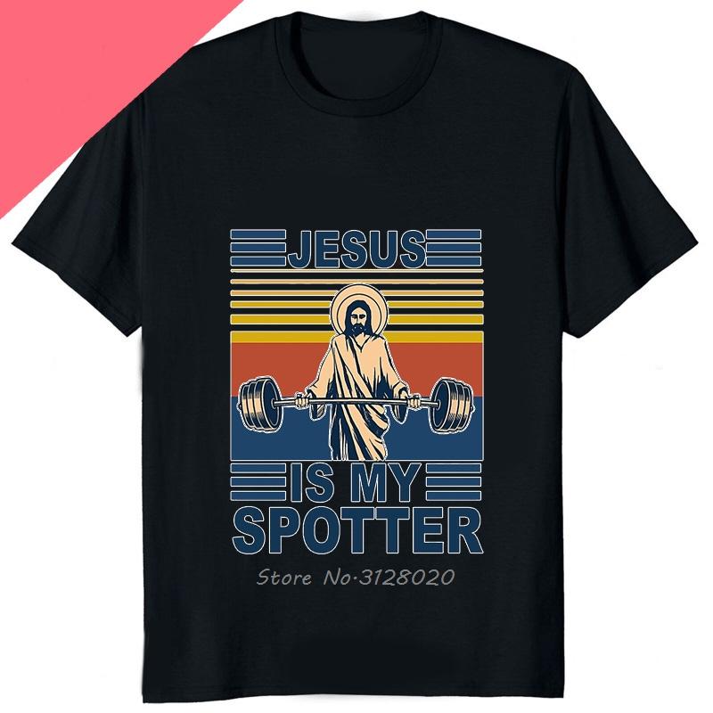 Lustiges Jesus Ist Mein Spotter Aufgedrucktes Grafik-Baumwoll-Herren-T-Shirt Humor Gewichtheben GYM T-Shirt Lässige Mode Streetwear Herren-T-Shirts