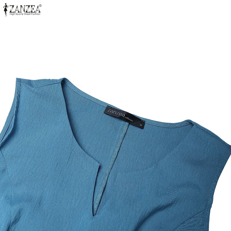 ZANZEA Γυναικείο μονόχρωμο αμάνικο φόρεμα casual με στρογγυλή λαιμόκοψη