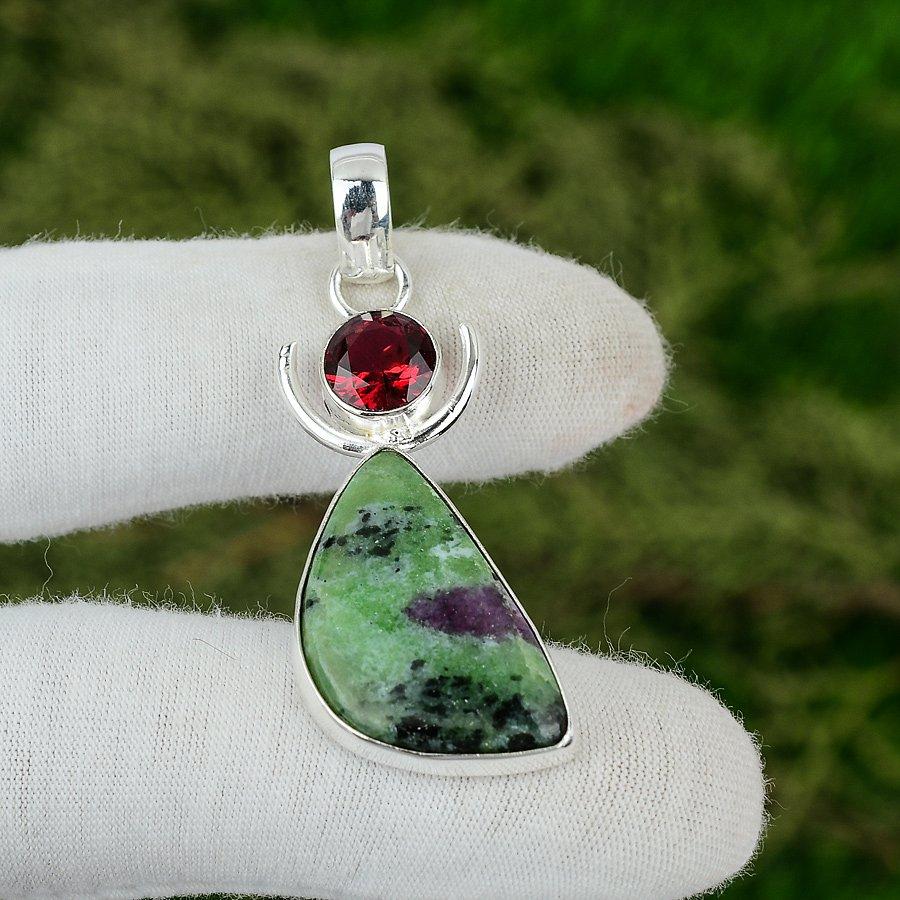 

Триллион Рубин Цоизит Камень Мозамбикский Гранат Стерлинговое Серебро Безель Бохо Подвеска