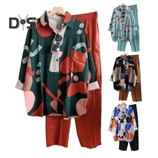 2 ks/sada Košile Kalhoty Sada Colorblock Jednořadá klopa Dlouhý rukáv Volný Pružný pas Široká noha Měkké Ležérní Dámská halenka Sada kalhot