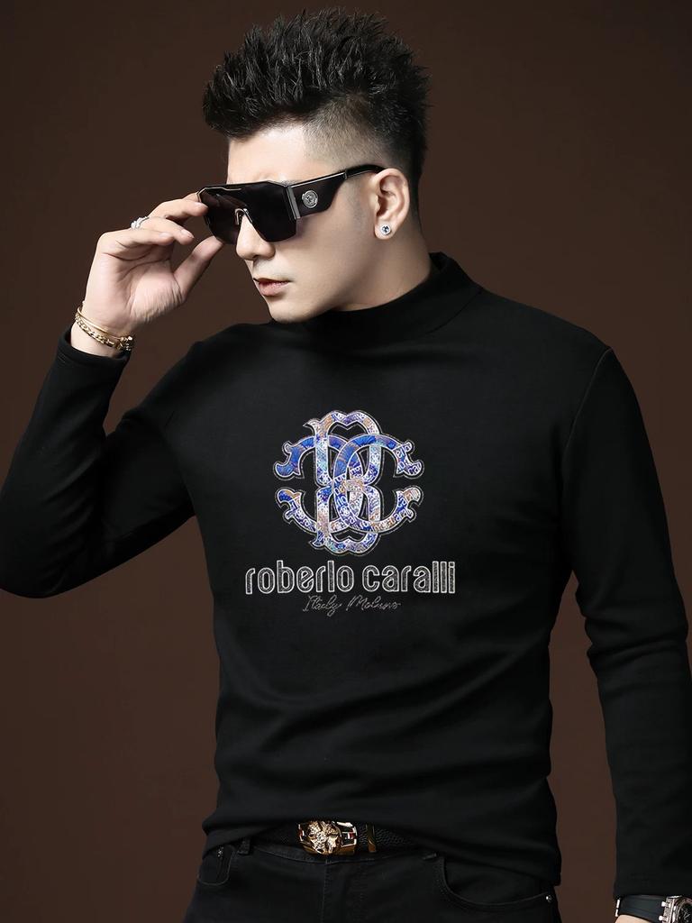 European Trendy Brand Men's Fleece-Lined Half-Turtleneck Base Layer Shirt, Autumn and Winter Slim Fit Warm Inner Wear Long-Sleeve T-Shirt for Men