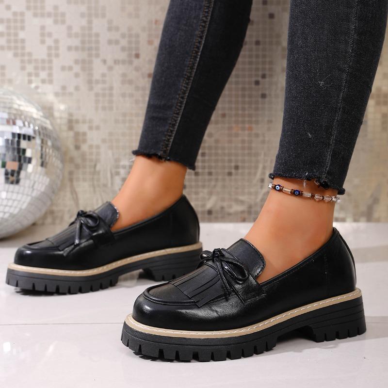 New Large-sized Loafers, Fringed Chunk-heeled Leather Shoes for Women