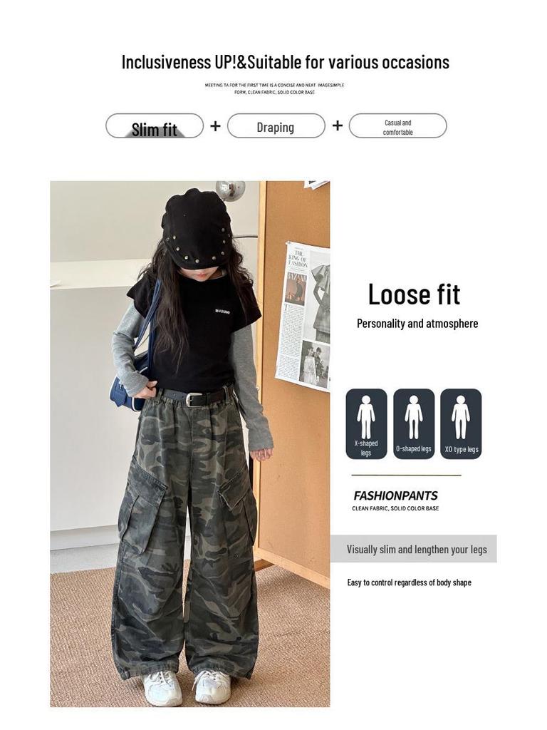 Girls' Wide-Leg Fleece Camo Cargo Pants - Retro American Style for Autumn/Winter 2025