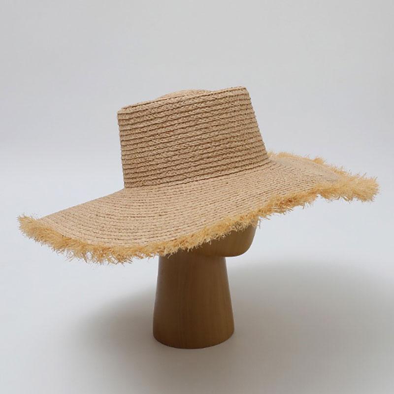Neue Mode 18cm Breiter Rand Natürlicher Raffia Sonnenhut für Damen Vintage Handgewebter Strohhut Urlaubs Sonnenschutz Designer Strandhut