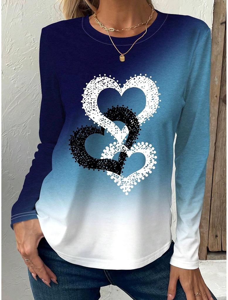 Gradient Love Graphic 3D Print Crew Neck Long Sleeve T-Shirt Fashion Womens Clothing Casual Y2k Clothes Harajuku Female Clothing