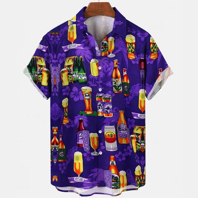 Camisetas Festival de Cerveza Harajuku para Hombre Estampado 3D Manga Corta Verano Estilo Hawaiano Playa Tops de Botón Único Solapa