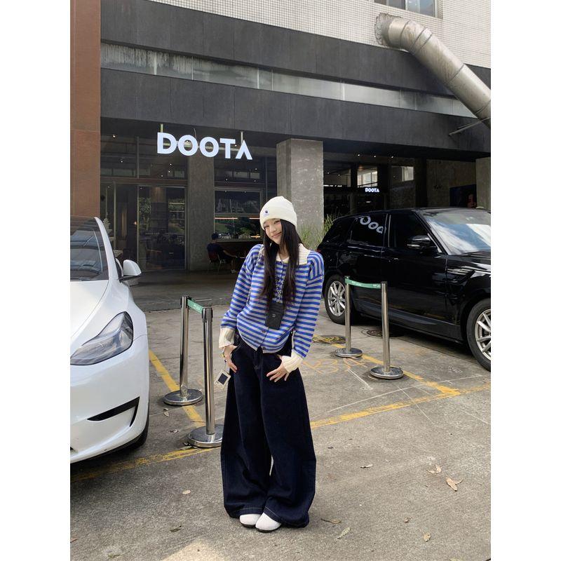 Kumikumi Retro Contrast Color Stripes Polo Collar Sweater Outwear Female Autumn Leisure Soft Glutinous Loose Knitted Cardigan