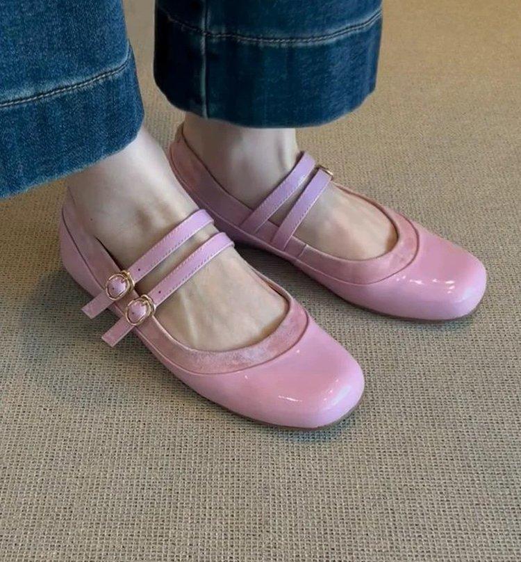 Sheepskin Version~ Leather Flat-bottomed French Temperament Round Head One-word Buckle Mary Jane Shoes Women's Retro Shallow Mouth Ballet Shoes
