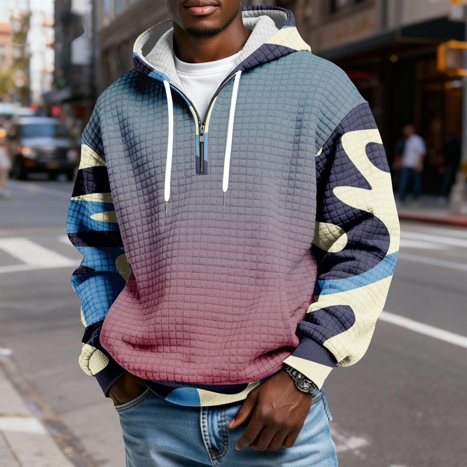 

Men s Half-Zip Hooded Plaid Pullover Drawstring Print Casual Sports Sweatshirt L тёмно-синий