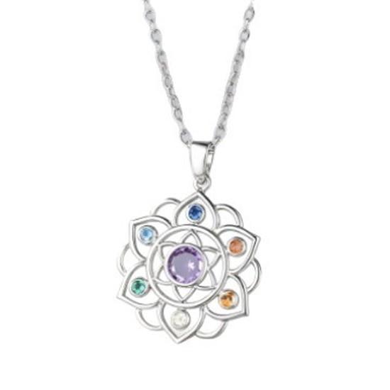 Seven Chakra Lotus Gemstone Necklace for Women Niche spiritual retro hollow flower pendant