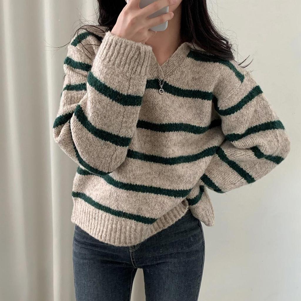 Korean Color Block Stripe Lapel Knit Sweater for Women - 2026 Autumn/Winter Collection