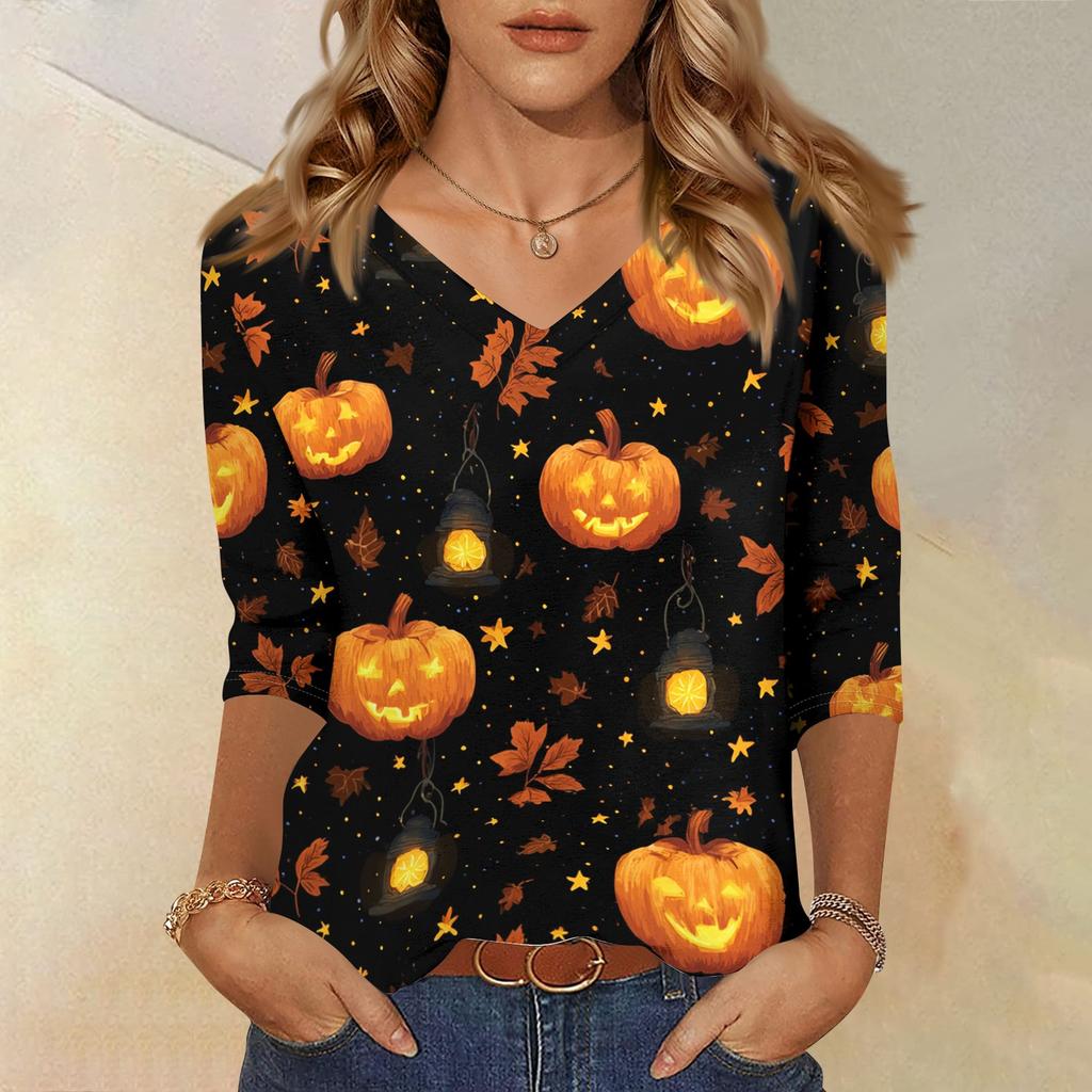 Women's Three-Quarter Sleeve V-Neck Top with Halloween Print for Casual