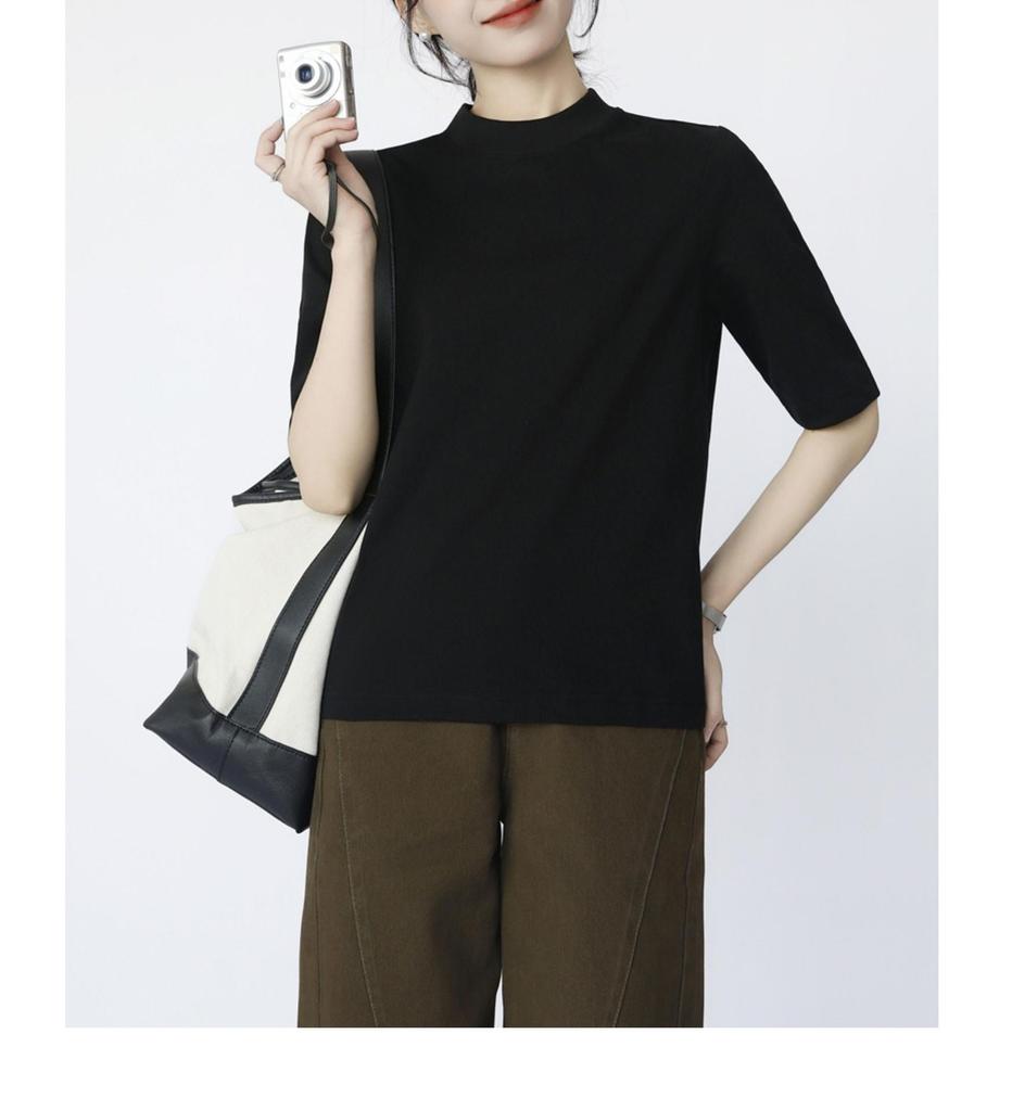 Pre-Sale Women's Cotton T-Shirt: Half-High Collar, Five-Point Sleeves, Stand-Up Collar, Seam Detail, Loose Fit Base Layer for Layering and Commuting