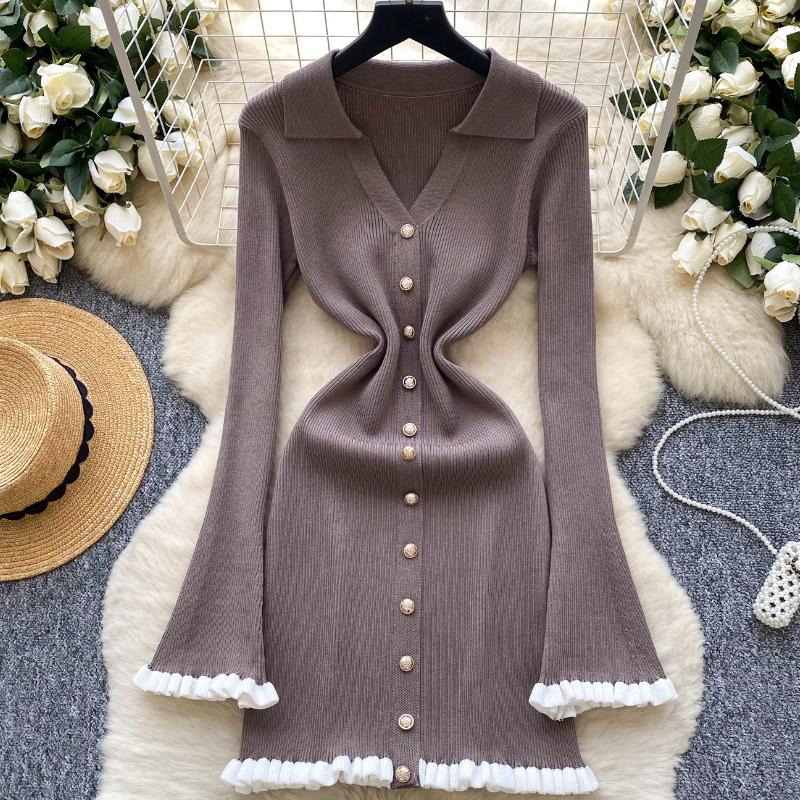 Elegant Knitted Dress for Women Autumn New Ruffle Edge V-neck Slim Long Sleeve Mid Length Ladies Evening Dresses Knitted Sweater