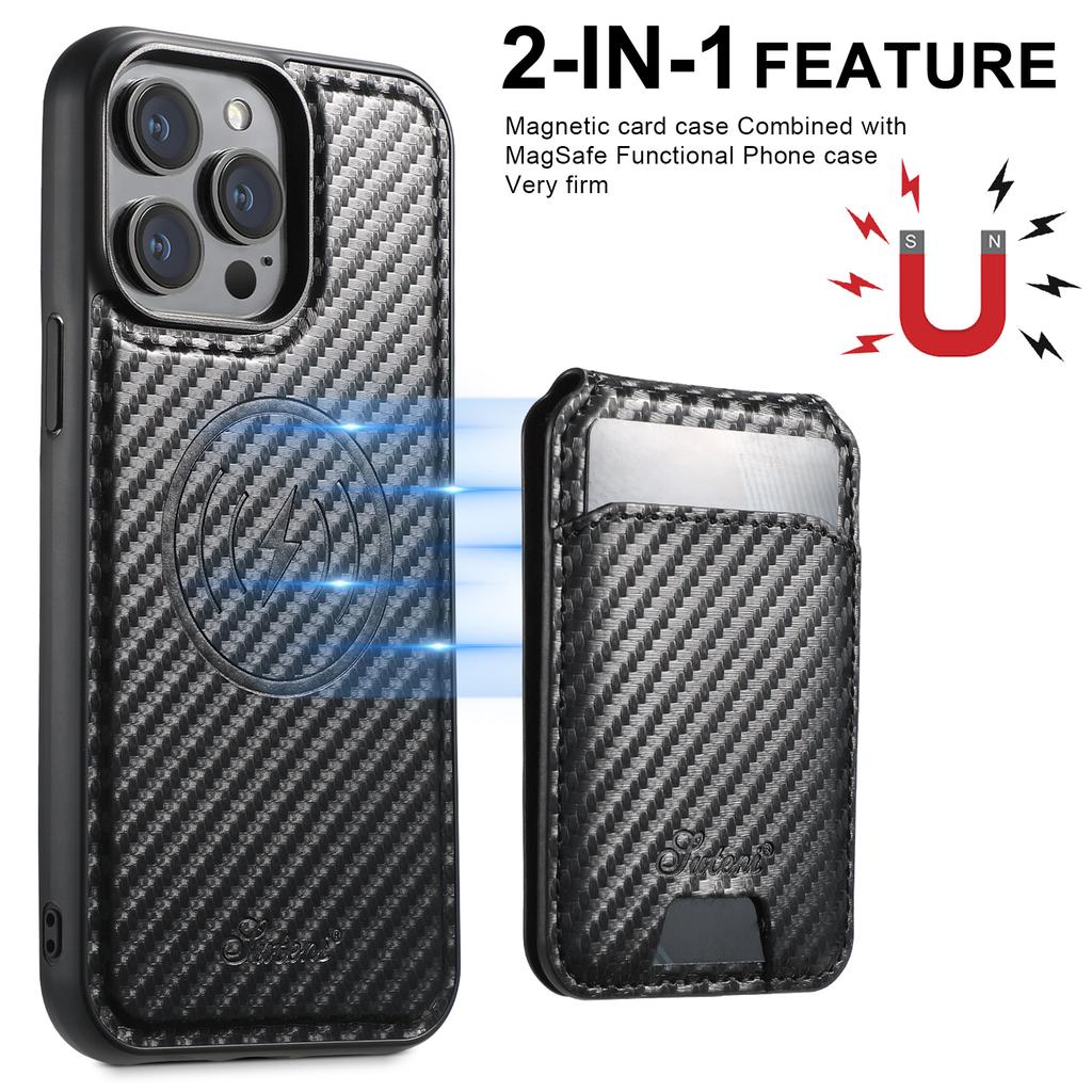 SUTENI H18 For iPhone 13 Pro Max Magnetic Case Carbon Fiber Texture Leather+TPU Cover with Detachable Card Bag