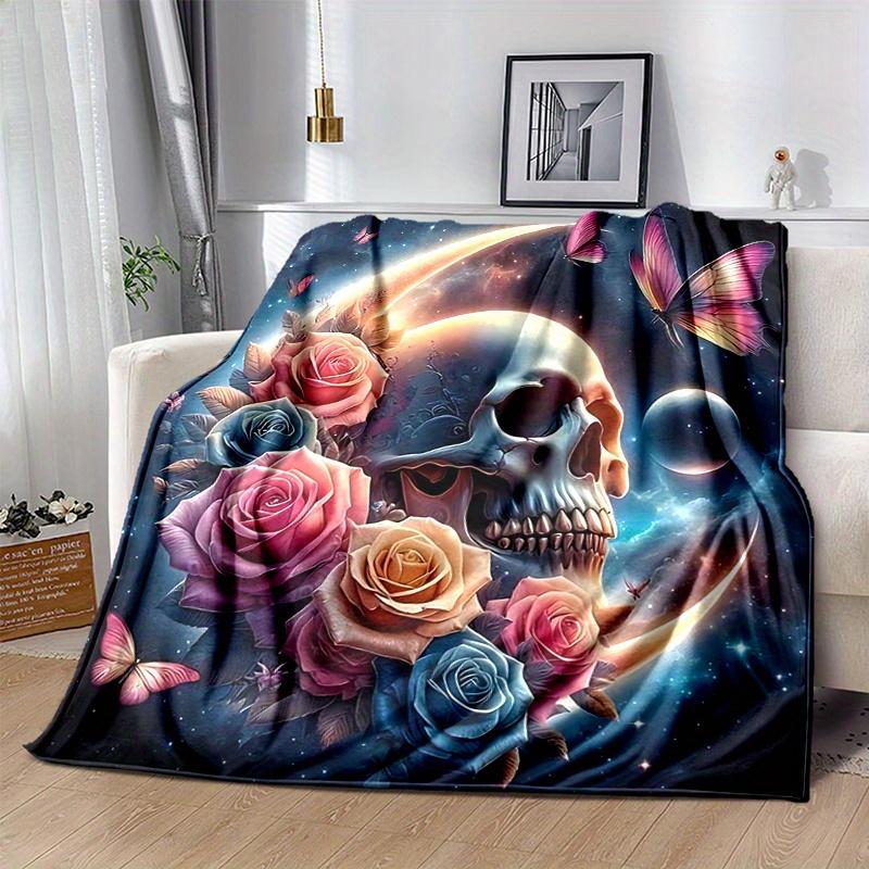 1pc Skull Surrounded by Roses Butterflies and Celestial Moons Super Soft Flannel Blanket Great for Bed, Sofa, Chair, Camping
